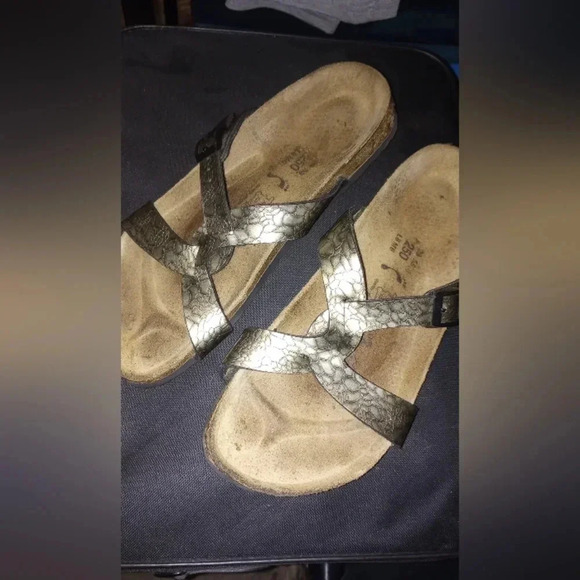 Birkenstock Birki's Metallic Bronze Snakeskin Gladiator Slide On Sandals - Picture 2 of 11